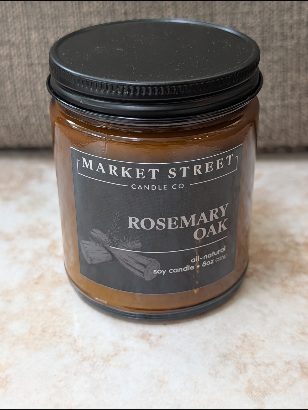 Rosemary Oak Soy Candle - Amber Jar, Black Lid New